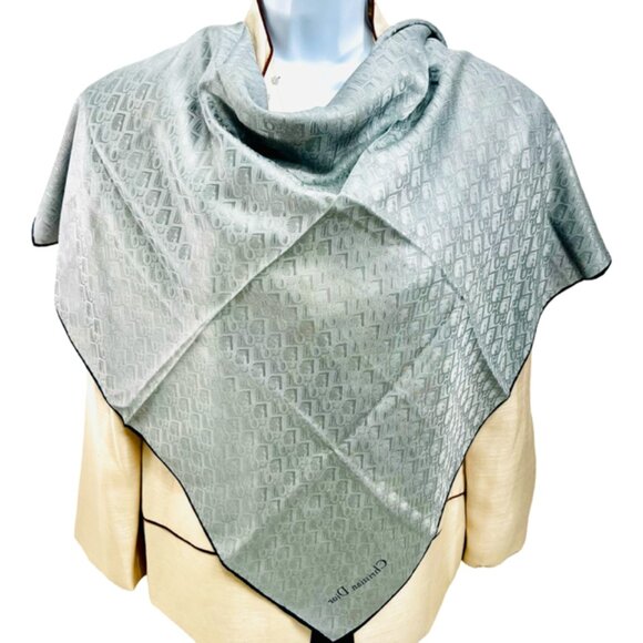 Vimtage Christian Dior 100% silk scarf satin, 31" Silver Gray "D" Printed  (83) - Picture 1 of 9